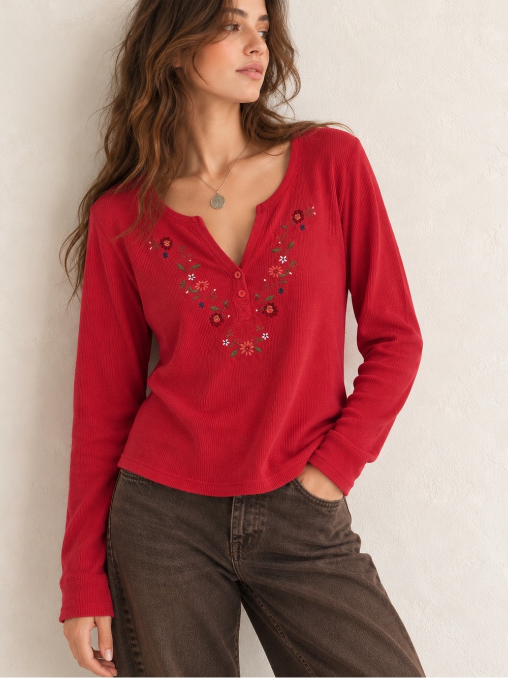 Y2K Red Floral Embroidered Thermal L Henley Fairy Grunge Whimsigoth Romantic